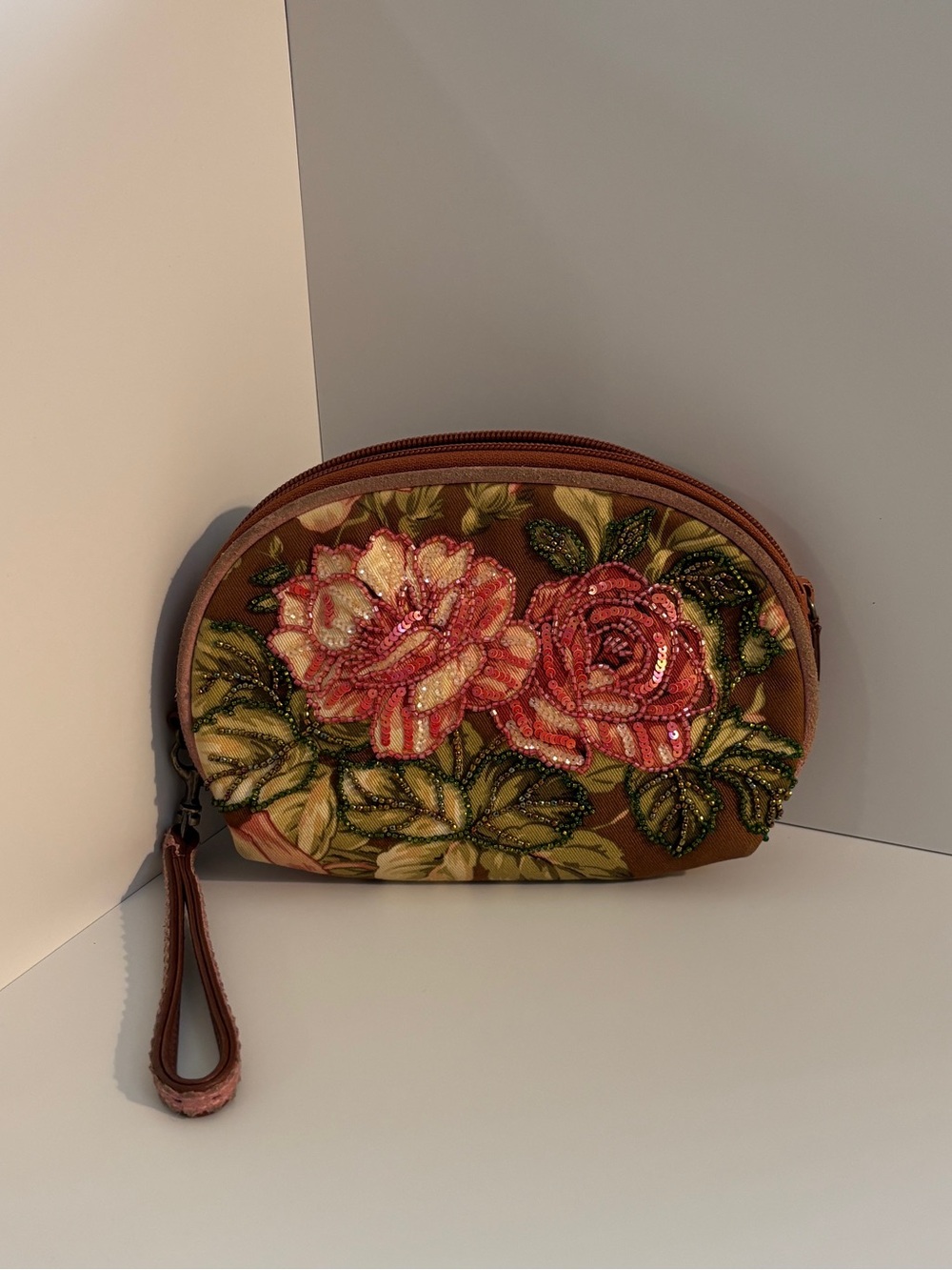 Isabella Fiore Brown Floral Sequin Wristlet